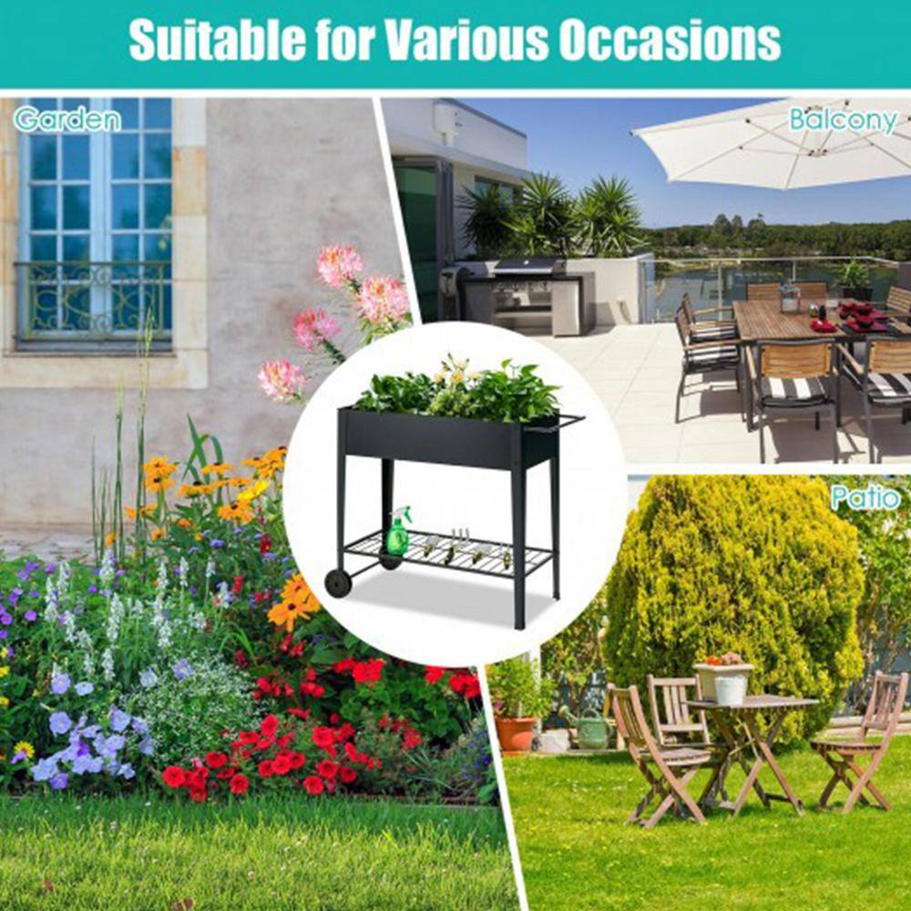 Black Iron Raised Garden Bed with Wheels and Shelf