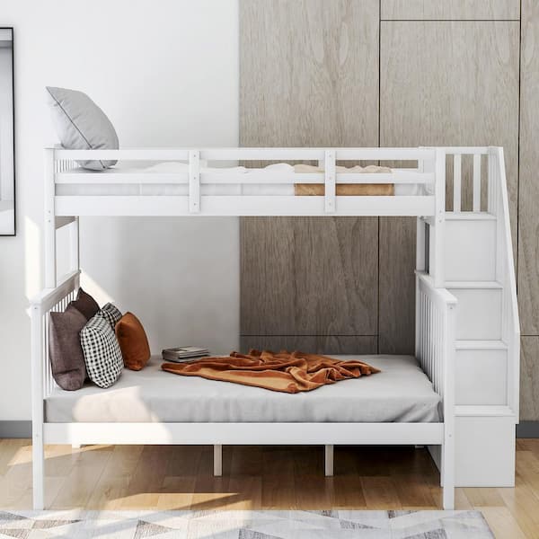 White Color Stairway Twin-Over-Full Bunk Bed with Storage and Guard Rail for Bedroom
