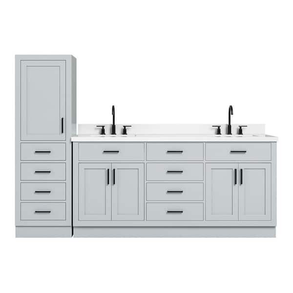 Hepburn 73 in. Double Sink Bath Vanity with Pure White Quartz Top and Linen Cabinet in Oak