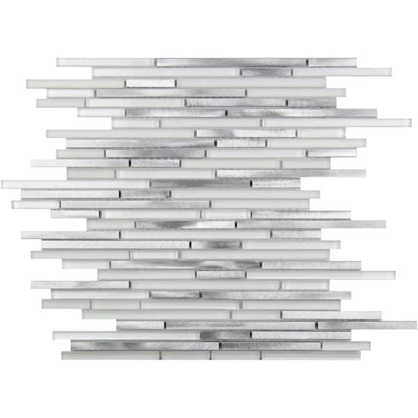 Apollo Tile Waterfall Silver White Polished and Honed 11.8 in. x 11.8 in. Linear Glass and Metal Mosaic Tile (4.83 sq. ft./Case)