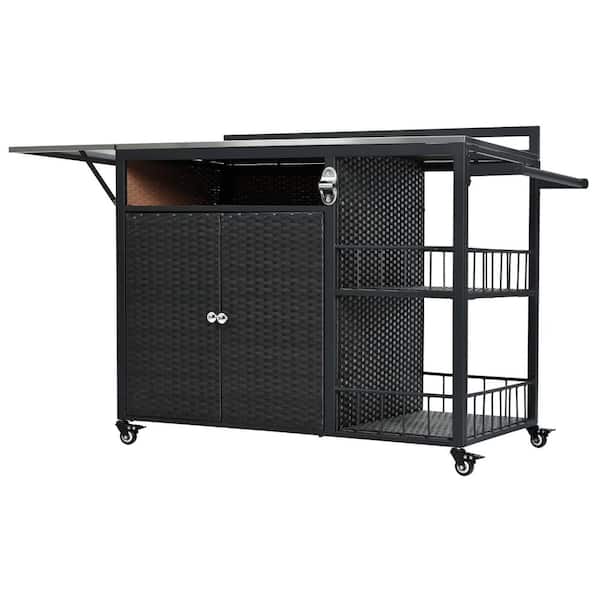 63.5 in. Outdoor Kitchen Island Grill Cart with Foldable Side Tabletop, Ample Storage Space in Dark Brown