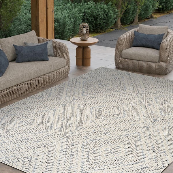 Liguria Levanto Aqua Blue 7 ft. x 10 ft. High-Low Geometric Diamond Indoor/Outdoor Area Rug