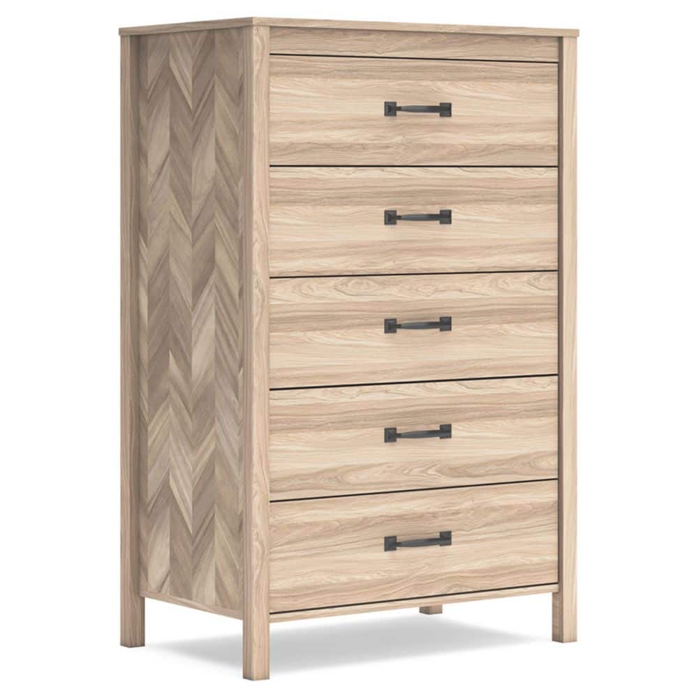 Tan Oak Grain Mid-Century 5-Drawer Dresser with Chevron Pattern