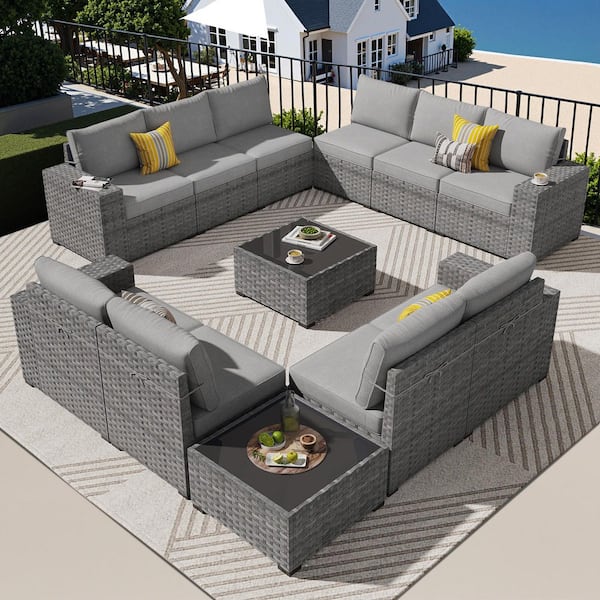 OVIOS Bbisty Gray 12-Piece Wicker Wide Arm Patio Conversation Set with Dark Gray Cushions