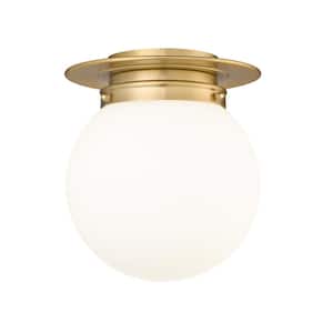 Calhoun 9 in. 1-Light Heritage Brass Modern Farmhouse Flush Mount with White Opal Glass Shade and No Bulbs Included