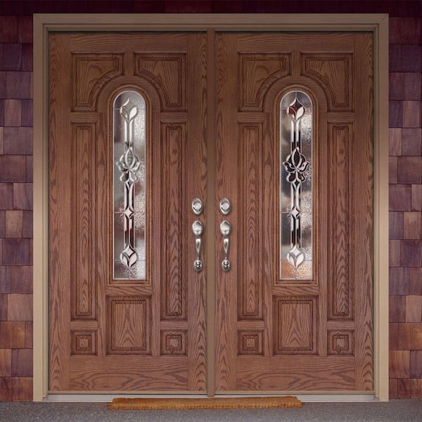 74 in. x 81.625 in. Medina Zinc Center Arch Lite Stained Medium Oak Left-Hand Fiberglass Double Prehung Front Door