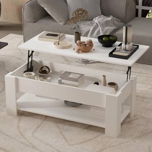 41.3 in. White Rectangle MDF Wood Lift Top Coffee Table with Hidden Storage Compartment and Storage Shelf