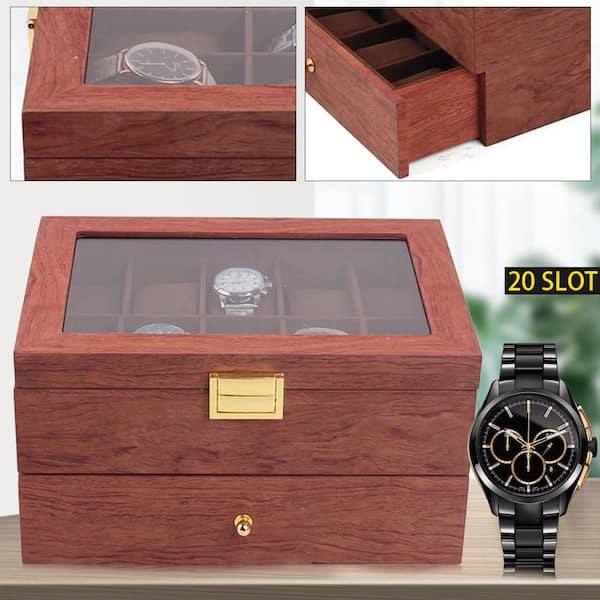 YIYIBYUS 8-Slot Vintage Brown Solid Wood Watch Box Glass Top Jewelry  Organizer Box Watch Case with Pillows 65LMO3G200-1 - The Home Depot