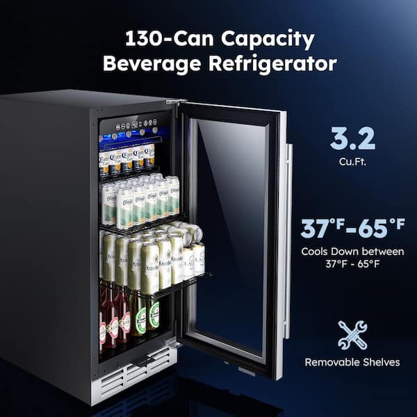 15 in. Single Zone 130-Cans Freestanding/Undercounter Beverage and Wine Cooler in Black, UV-Protected Insulation