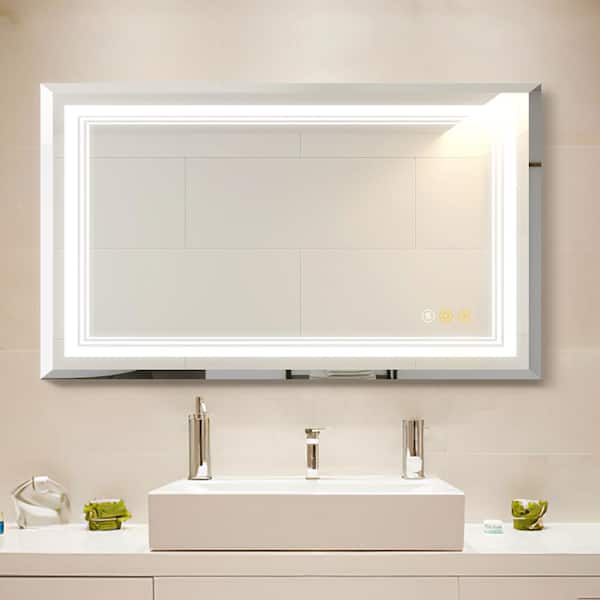 HBEZON Siren 40 in. W x 24 in. H Medium Rectangular Frameless LED Dimmable Anti-Fog Wall Mount Bathroom Vanity Mirror in Silver