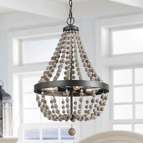 LNC Bohemian Wood Crystal Beaded Basket Pendant Light, Rustic Gray Candlestick Island Chandelier 4-Light Foyer Hanging Light
