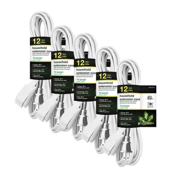 GoGreen Power (G-24712-5) 12 ft. 16/2 Indoor Household Extension Cord, 3 Outlets, White, 5 PACK