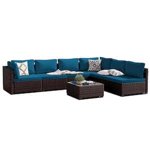 7-Piece Wicker Patio Conversation Seating Set with Deep Lake Blue Cushions and Coffee Table