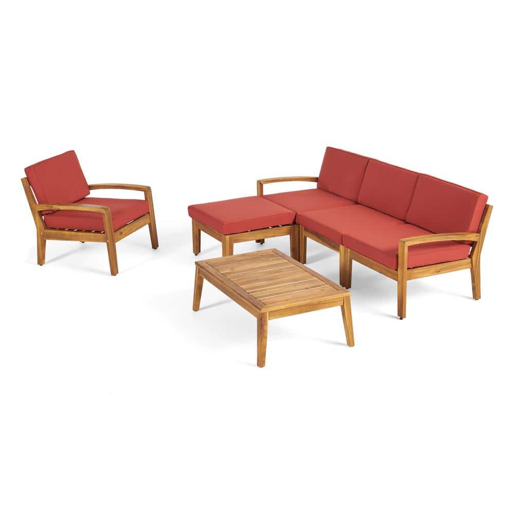 Teak Brown 6-Piece Outdoor Sectional Sofa Set with Red Cushions