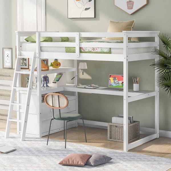 Polibi Twin Size Loft Bed with Desk and Shelves, 2 Built-in Drawers, White