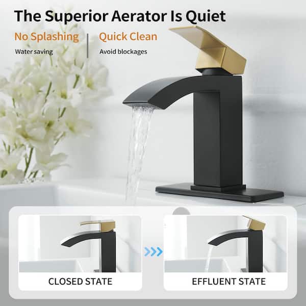 Waterfall Single Hole Single-Handle Low-Arc Bathroom Sink Faucet with Pop-Up Drain Assembly in Gold Black