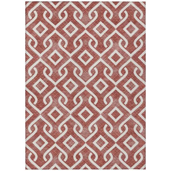 Burgundy, Ivory 5 ft. x 8 ft. Woven Geometric Polyester Rectangle Indoor/Outdoor Area Rug