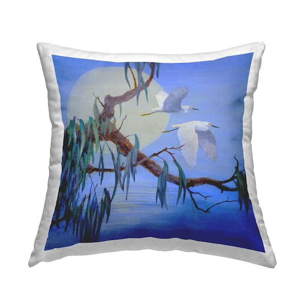 Stupell Industries Shining Moon and Birds Blue Print Polyester 18 in. x 18 in. Throw Pillow