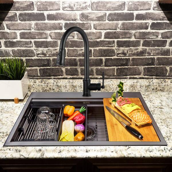 Akdy Matte Black Finish Stainless Steel 30 In X 22 In Single Bowl Drop In Kitchen Sink With Workstation Ks0529 The Home Depot