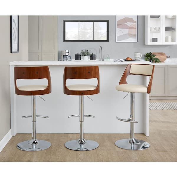 Lumisource Cecina Chrome Metal, Walnut Wood, and Cream Faux Leather Adjustable Bar Stool with Rounded T Footrest (Set of 2) LYW
