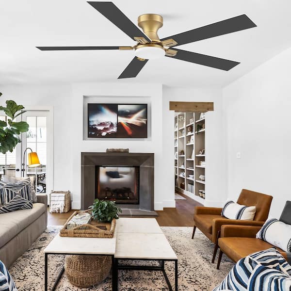 52 in.Smart Outdoor Indoor Gold White Flush Mount Ceiling Fan with LED Lights,Remote,Voice Control via Alexa,Dimmable