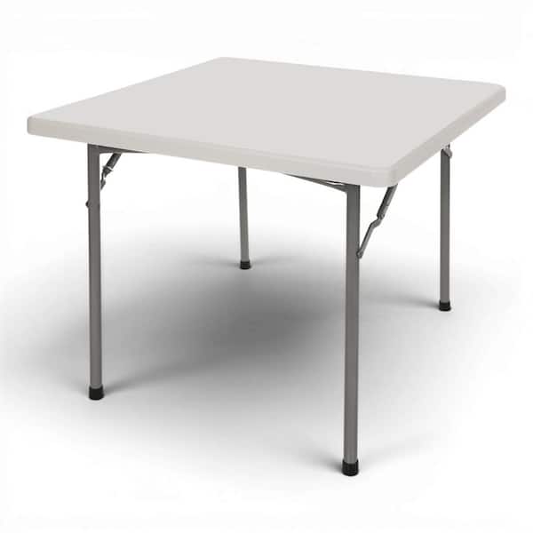 White folding office table with metal legs on a plain background.