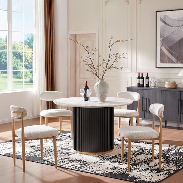 Modern 5-Piece Faux Marble Dining Table Top with Boucle Chairs in White Dining Room Set for Kitchen Seats of 4