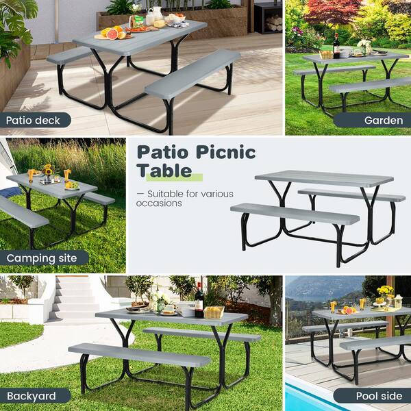 Gymax 59 in. Grey Rectangle Stainless Iron Picnic Table Seats 4