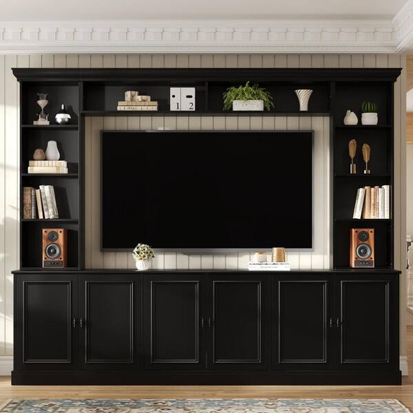 Black TV Stand Entertainment Center Fits TV's up to 70 in. with Bookshelf, Bridge and Adjustable Shelf