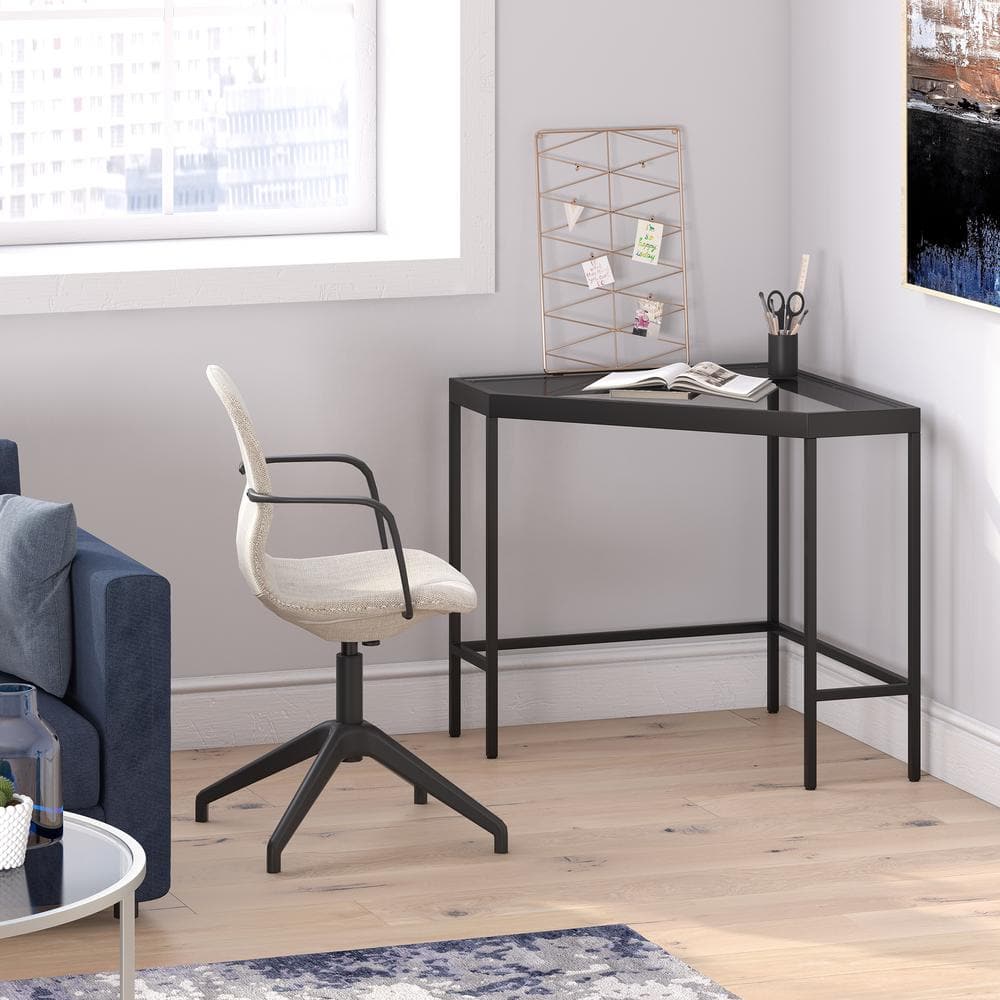 Blackened Bronze Minimalist Corner Desk with Tempered Glass Top