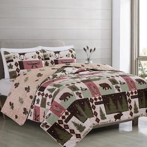 Green Rustic Nature Themed Reversible King Microfiber 3-Piece Quilt Set Bedspread