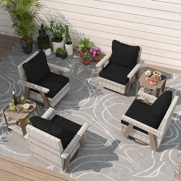 INMITOM 6-Piece Wicker Patio Conversation Set with 360° Swivel Chairs and Black Cushions, Includes 2-Side Tables