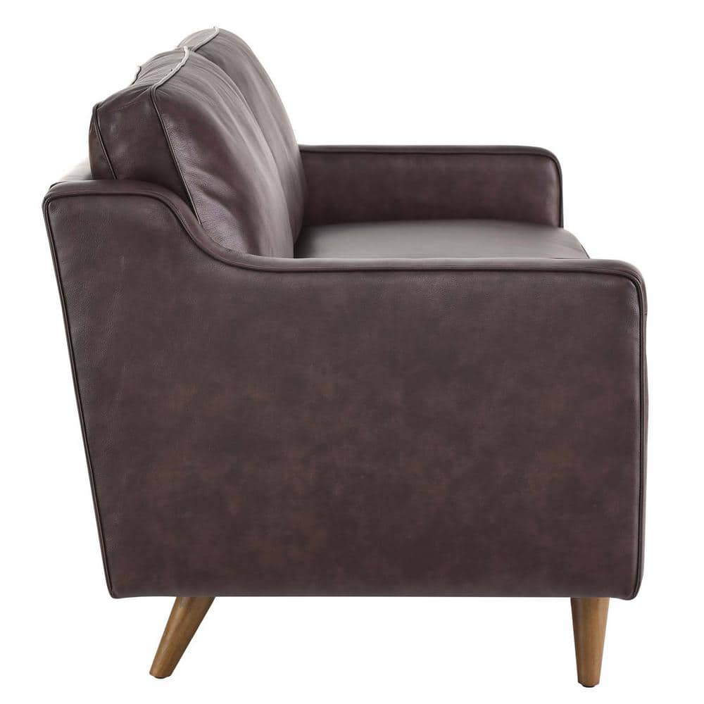 Brown Genuine Leather Mid-century Modern Sofa with Walnut Legs