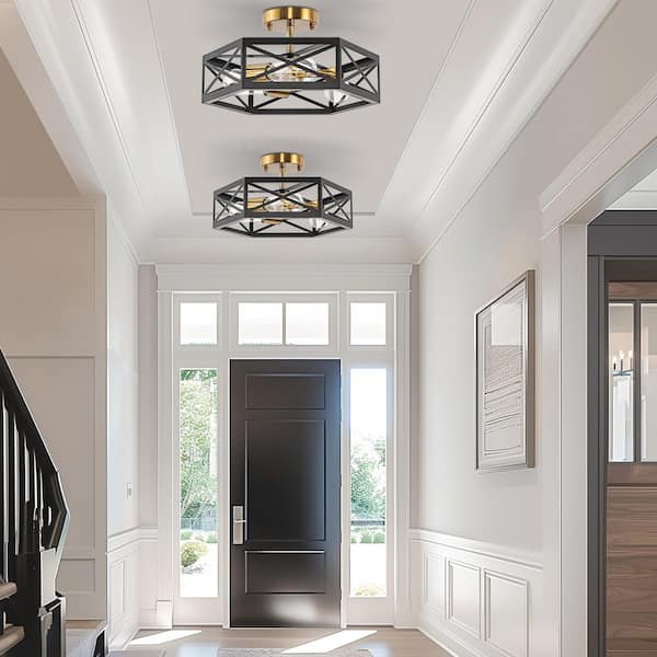 14.8 in. 3-Light Black and Gold Semi- Flush Mount Lighting with Hexagon for Hallway 1-Pack