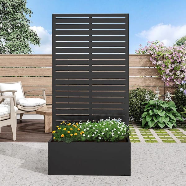 59 in. H x 30 in. W Rectanglar Black Outdoor Metal Privacy Screen Planter Box Wall Decor