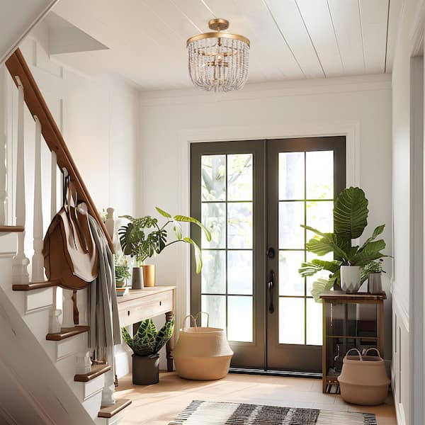 Modern Farmhouse Ceiling Light 4-Light Antique Gold Semi-Flush Mount Light with Weathered White Wood Beads