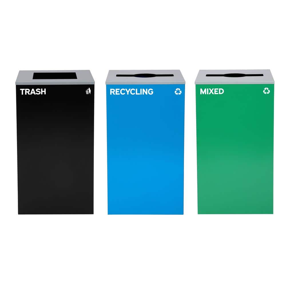 87 Gal. 3-Stream Black, Blue and Green Steel Trash Can and Recycling Bin Wa