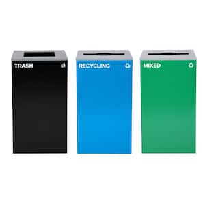 87 Gal. 3-Stream Black, Blue and Green Steel Trash Can and Recycling Bin Waste Station with Mixed Slot and Square Lids