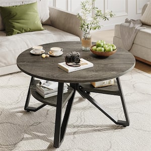 36.02 in. Retro Gray Oak Sleek and Minimalist Round Wood Coffee Table with Geometric Frame and Storage