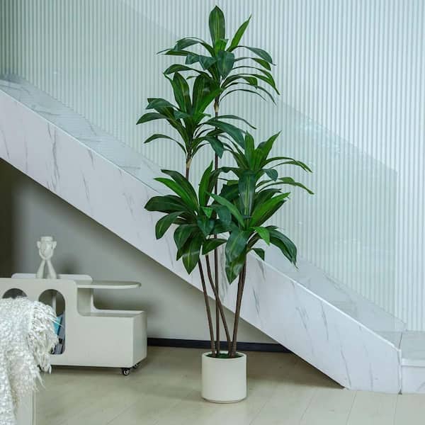 5 ft. Artificial Dracaena Tree Faux Draco in White Container Indoor Outdoor Artificial Plant for Home and Office Decor