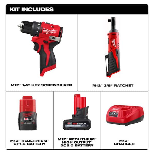 M12 12V Lithium-Ion Cordless 3/8 in. Ratchet and Screwdriver Combo Kit (2-Tool) with Batteries, Charger, Tool Bag
