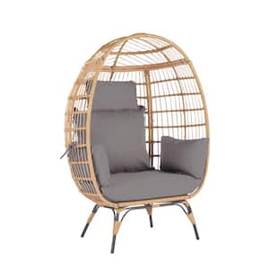 Brown Wicker Outdoor Lounge Chair Egg Chair with Light Gray Cushions