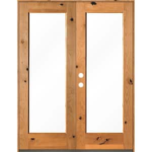 64 in. x 80 in. Rustic Knotty Alder Clear Full-Lite Clear Stain Wood Right Active Inswing Double Prehung Front Door