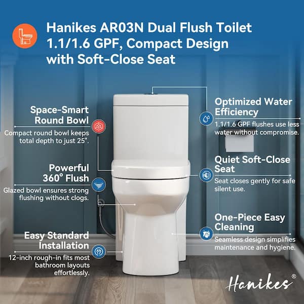 Hanikes One-Piece 1.1/1.6 GPF Dual Flush Round Toilet in White