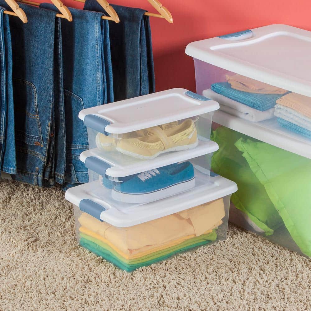 Clear Plastic Stackable Storage Box with White Lid and Blue Latches