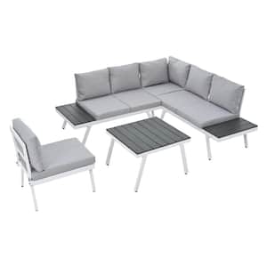 5-Piece Aluminum Outdoor Patio Furniture Set Garden Sectional Sofa Set with End Tables and Coffee Table, White and Grey