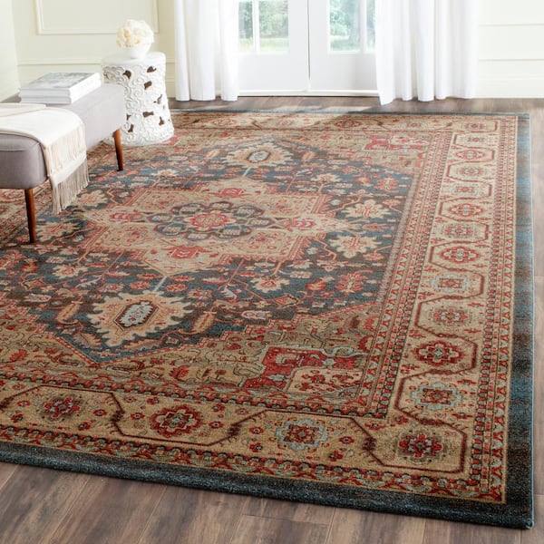 Mahal Navy/Natural 11 ft. x 16 ft. Border Floral Medallion Area Rug