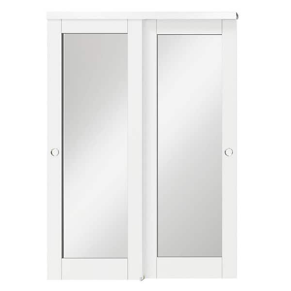 56in x 80in MDF and Solid Wood, DIY Painted, White Double Mirrored Glass Panel Bypass Sliding Door w/ Aluminium Hardware