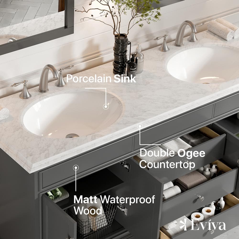 Gray Marble Double Sink Freestanding Bathroom Vanity