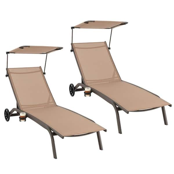 Gymax 2-Piece Patio Chaise Lounge Chair Heavy-Duty Lounger Canopy Cup holder Wheeled 6-Level